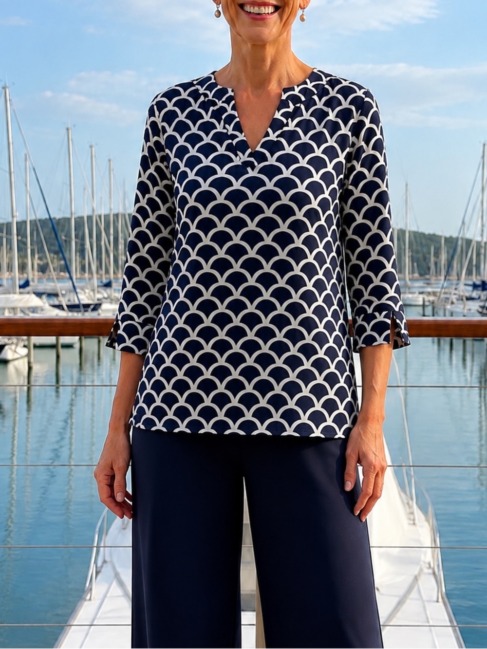 Katherine Way Boca Tunic Top M 3/4 Sleeve UPF Blue White Stretch Preppy Resort